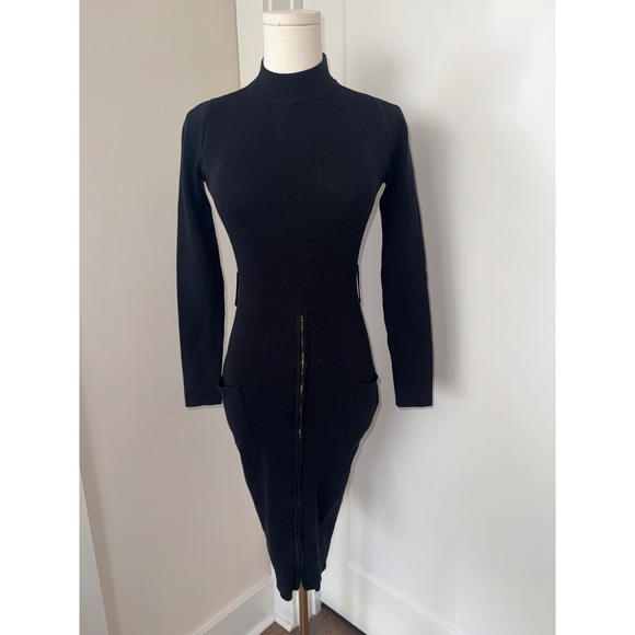 HERA COLLECTION Black Ribbed Turtleneck Zip Front Midi Sweater Dress Size S - Picture 2 of 5